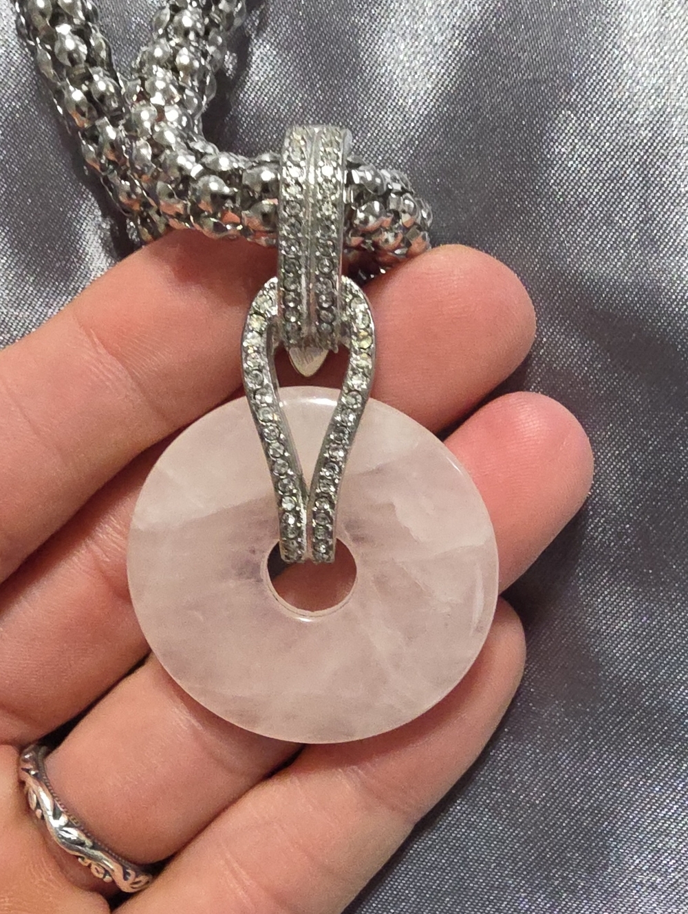DSK Emma Sky stainless mesh Tubular Chain rose quartz discs Matching Earrings - Picture 5 of 6